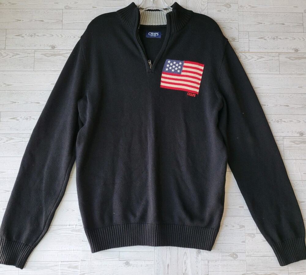 Chaps Ralph Lauren NWT Mens M Black American flag 1/4 Zip Pullover Sweater